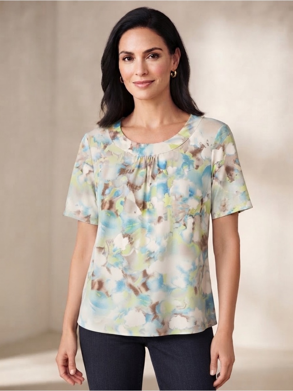 NWOT TanJay Petite Small Abstract Watercolor Short Sleeve Top